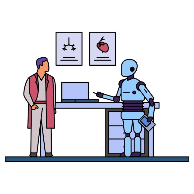 Vetor médico e robô juntos cobot revolucionando a saúde medicina robótica cena da saúde