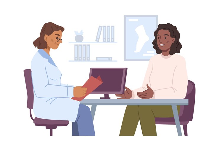 Vetor médico em consulta com paciente