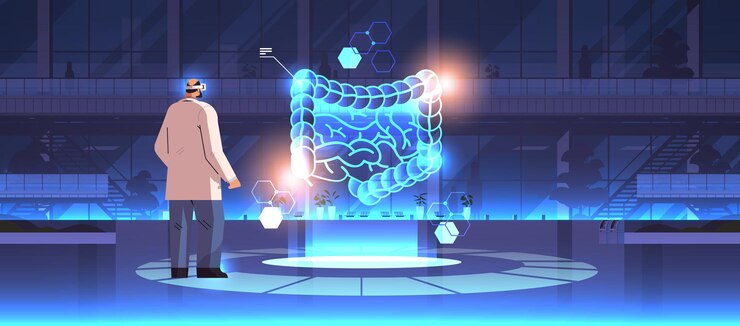 Vetor médico em óculos digitais, olhando para a explicação detalhada virtual, sistema digestivo anatômico, trato gastrointestinal, órgão interno, vr, visão, metaverso, ilustração vetorial horizontal