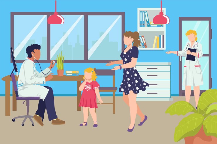 Vetor médico examina menina criança com mãe personagem de mulher no hospital, visita do pediatra
