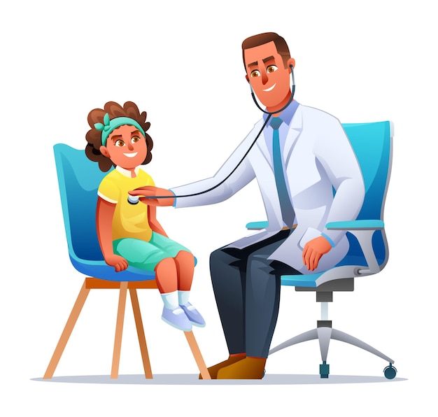 Vetor médico examinando uma menina com estetoscópio ilustração de personagens de desenhos animados vetoriais