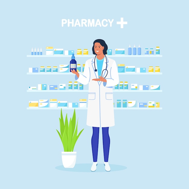Médico Farmacêutico em pé e segurando o medicamento. Prateleiras com comprimidos e frascos no fundo. Compras em farmácias