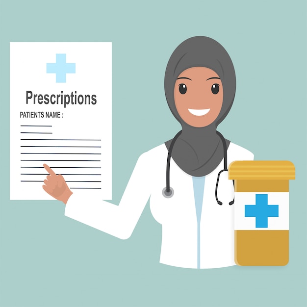 Médico feminino muçulmano com prescrições e pílulas