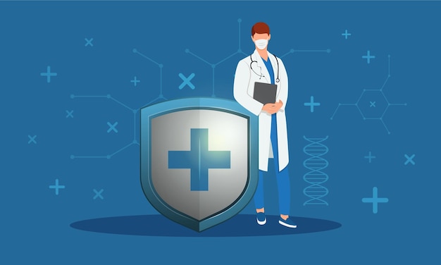 Médico fica ao lado do escudo