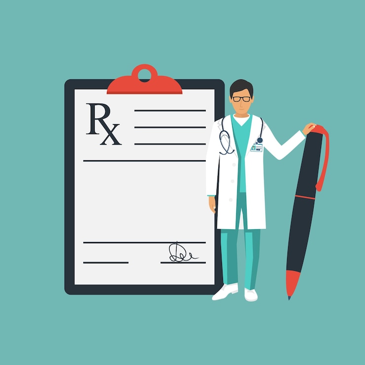 Vetor médico fica perto da área de transferência com uma caneta na mão formulário de prescrição rx médico escrevendo prescrição almofada de prescrição médica ilustração vetorial estilo de design plano modelo de plano de fundo médico