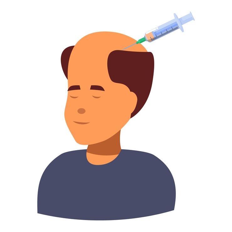 Vetor médico injetando medicamento na cabeça do paciente para tratamento do crescimento do cabelo