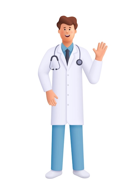 médico masculino James vestindo um casaco de laboratório e estetoscópio agitando gesto 3D personagem vetorial