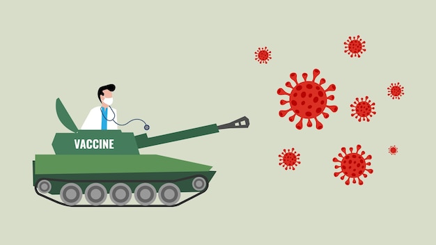 Médico masculino usando partículas de vírus de combate de máscara médica com ilustração de desenho de vetor de tanque militar