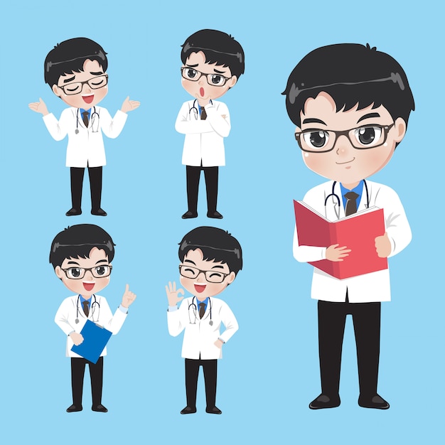 Médico mostra uma variedade de gestos e ações em roupas de trabalho.