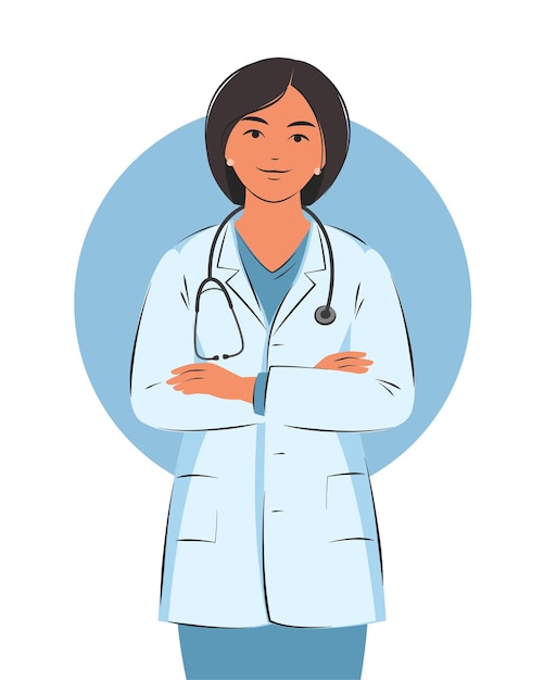 Médico mulher de jaleco branco. Trabalhador médico amigável e atencioso.