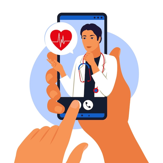 Médico online e o conceito de consulta médica. médico homem ajuda um paciente em um telefone celular. aplicativo móvel. ilustração vetorial plano.