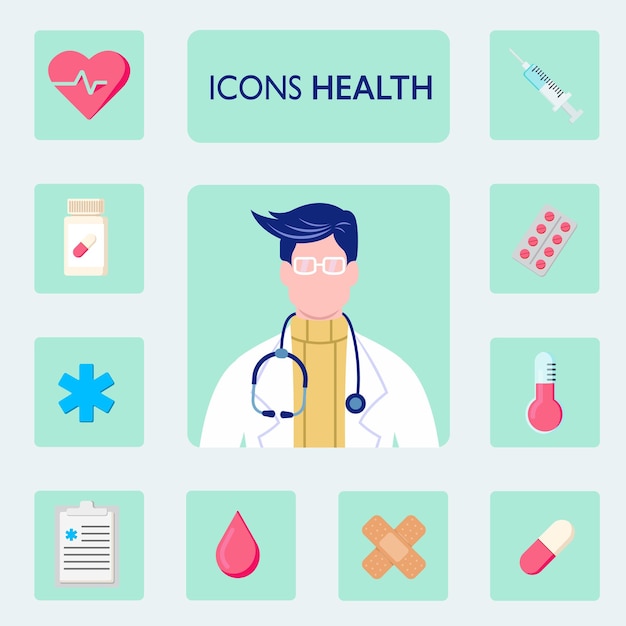Médico ou farmacêutico e um conjunto de ícones de saúde