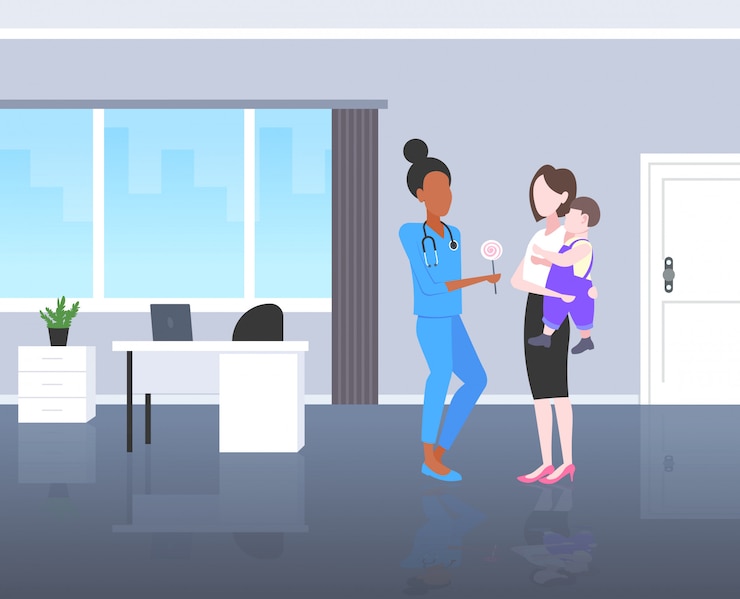 Vetor médico pediatra dando pirulito para menino consulta conceito de saúde mãe segurando o bebê em suas mãos escritório moderno hospital interior comprimento total