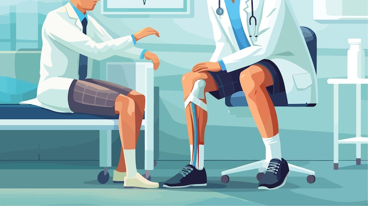 Vetor médico profissional que examina um doente com joelho relacionado com sintomas de artrite