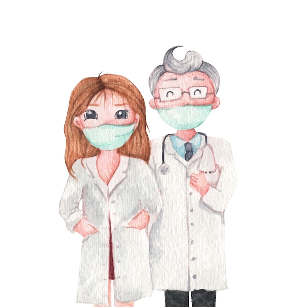Médico usando máscara médica. personagem de desenho animado de ilustração em aquarela.