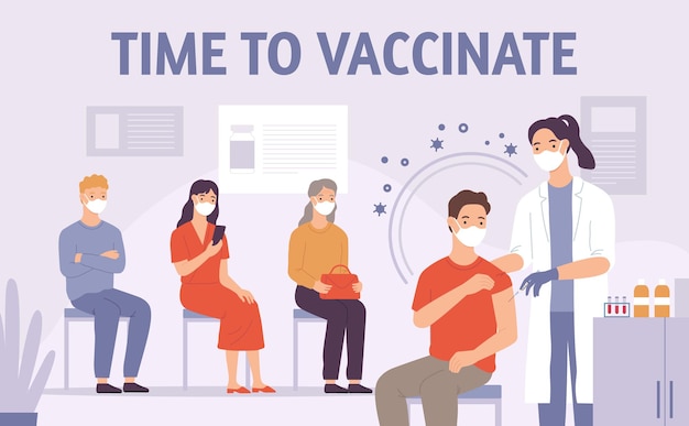 Médico vacine pessoas. paciente é vacinado no hospital. remédio para imunização. covid-19, conceito de vetor de prevenção de gripe ou vírus. ilustração vacinação contra infecção, tiro médico