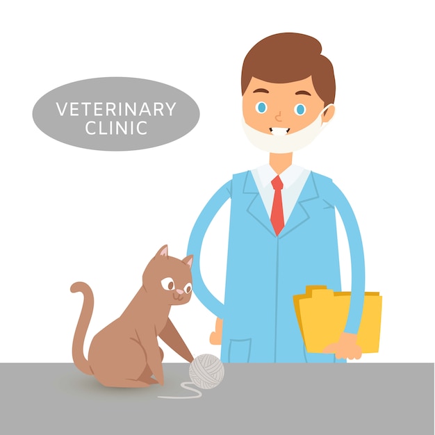 Médico veterinário na clínica veterinária com ilustração plana de gato doente. animais masculinos médico veterinário com gatinho. personagens de desenhos animados de veterinário proteção animal e tratamento.