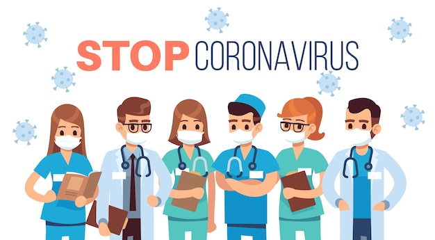 Médicos contra o coronavírus. pare o conceito de pandemia covid-19. equipe de jovens profissionais médicos femininos e masculinos em uniforme e máscaras protetoras, cuidados de saúde e segurança cartaz de desenho animado vetorial plano