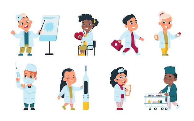 Médicos de crianças. personagens de desenhos animados bonitos brincando de enfermeiras com equipamentos médicos e vestidos de médicos. crianças engraçadas de vetor em roupas brancas brincam com equipamento de medicamentos em fundo branco