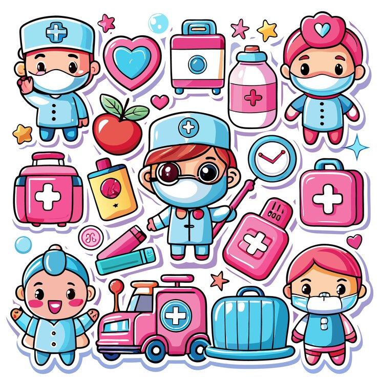 Vetor médicos de desenho animado adoráveis com suprimentos e equipamentos médicos.
