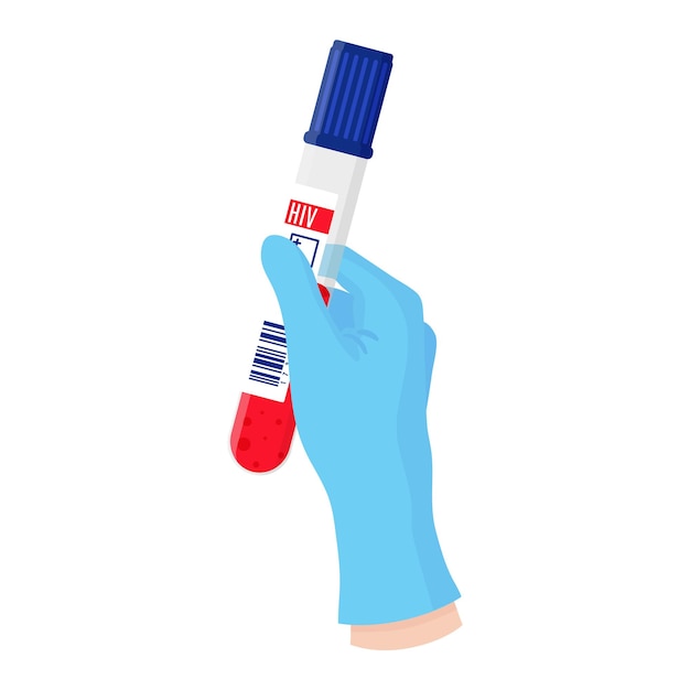 Médicos de desenho vetorial mão na luva azul segurando um tubo de ensaio com sangue. AIDS e prevenção do HIV.