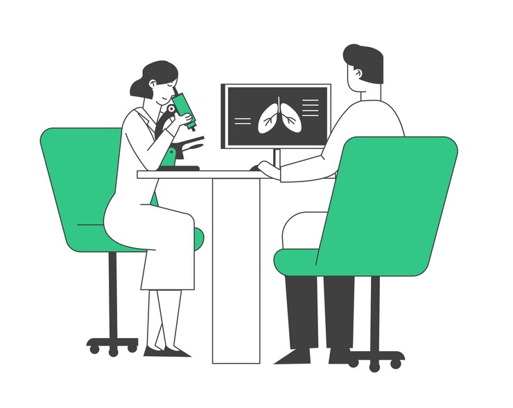 Vetor médicos de pneumologia verificando pulmões observando ao microscópio e aprendendo imagens de raios-x na tela do computador.