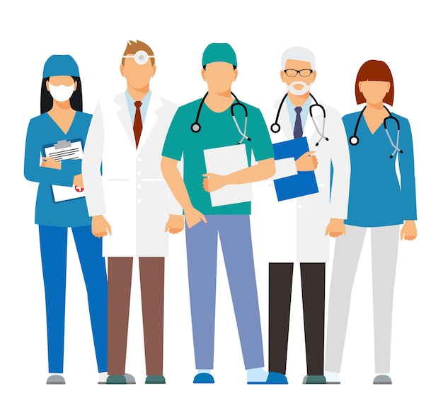 Médicos e assistentes em um roupão com um estetoscópio isolado em um fundo branco