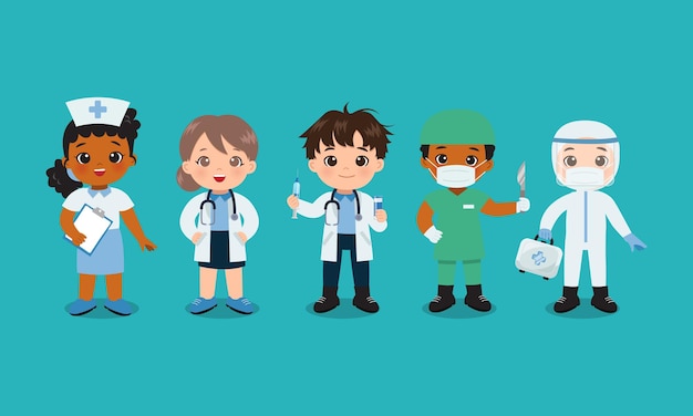 Médicos e desenhos de equipe médica