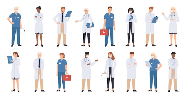 Médicos e enfermeiras de hospitais. Ilustração da equipe médica.