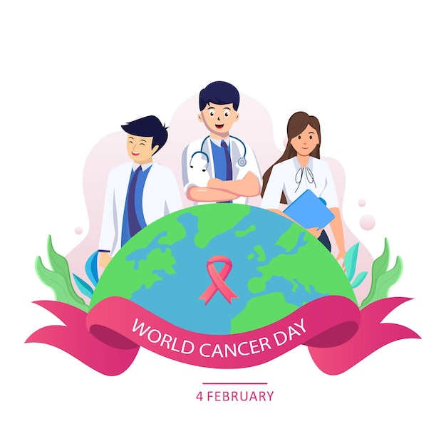 Médicos enfermeiros e pessoal médico celebram vetor premium do dia mundial do câncer