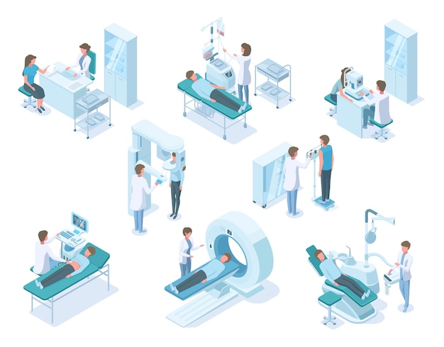Médicos isométricos e pacientes com equipamentos de diagnóstico médico hospitalar. Diagnóstico de hospital, pacientes examinados e tratados conjunto de ilustração vetorial. Exame médico