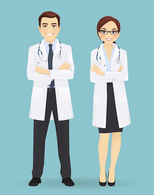 Médicos masculinos e femininos isolados sobre fundo azul. Personagens de profissão de homem e mulher