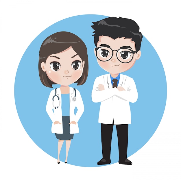Médicos masculinos e femininos, personagens de desenhos animados.
