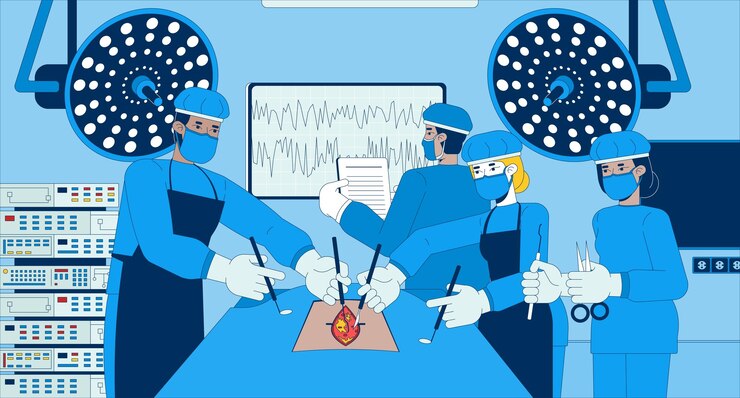 Vetor médicos multiculturais realizando cirurgia ilustração plana