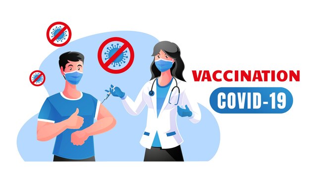 Médicos que administram vacina a paciente com texto de vacinação Covid-19 em ilustração de fundo branco