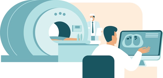 Médicos radiologistas fazendo teste de tomografia computadorizada para paciente com coronavírus COVID19