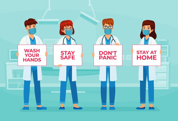 Médicos segurando cartazes ficam seguros. médicos com máscaras médicas segurando cartazes com conselhos