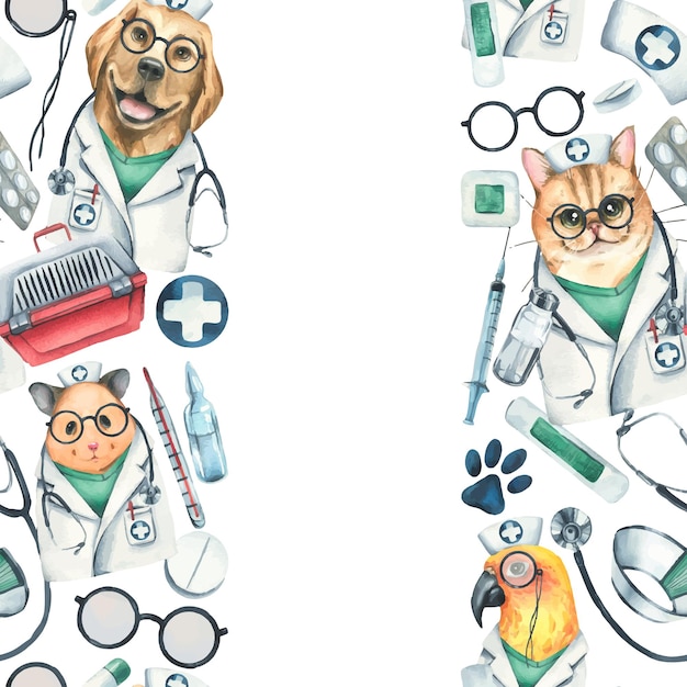 Médicos veterinários hamster cão gato papagaio transportador de animais de estimação medicamentos aquarela ilustração desenhada à mão