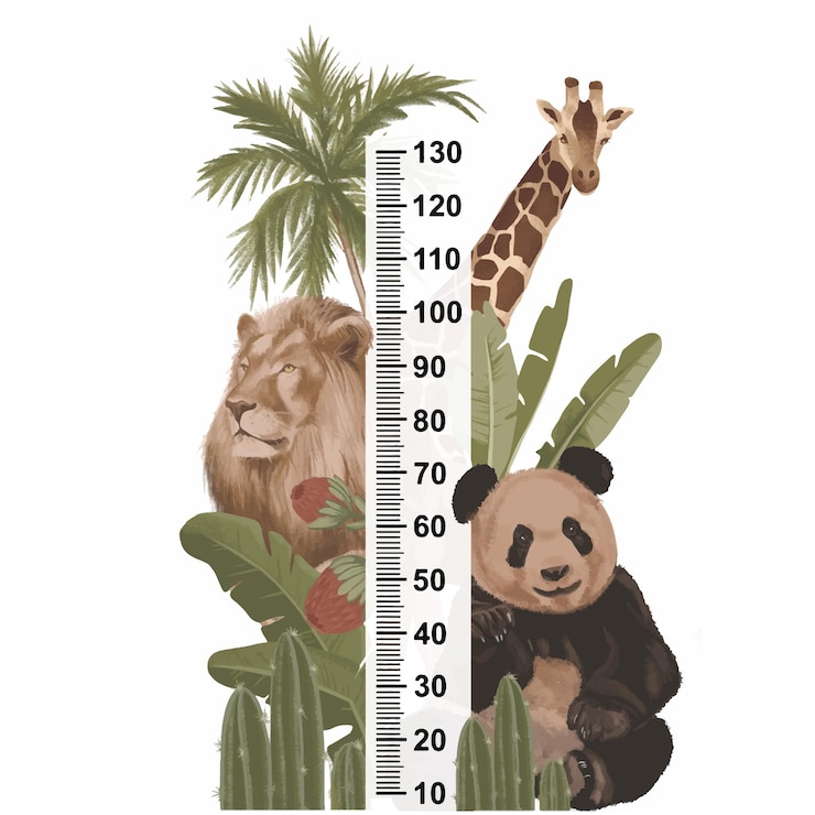 Vetor medidor de altura para crianças com animais e folhas tropicais palmeira babana folhas selva