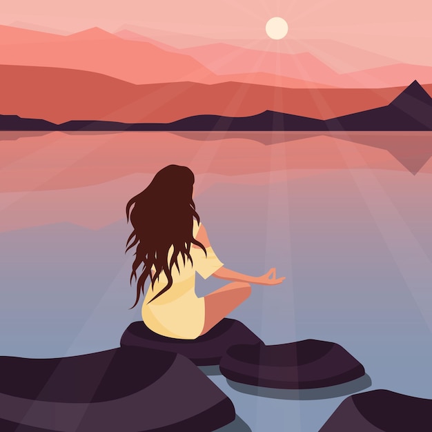 Vetor meditação ao pôr do sol, uma garota e montanhas