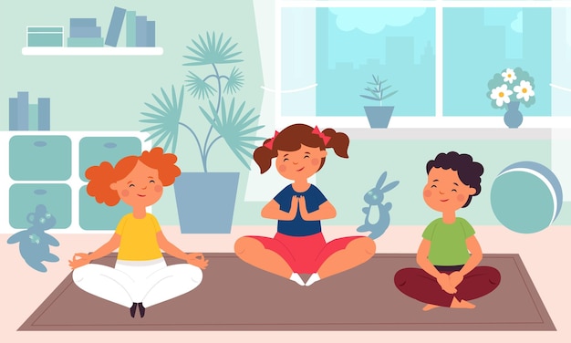 Meditação para crianças aula de esporte de jardim de infância de ioga para crianças treinamento infantil divertido desenho animado grupo de meditação saudável ilustração vetorial decente