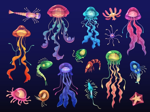 Medusas de desenho animado Belas criaturas brilhantes de águas profundas oceano plâncton subaquático estrelas de mar e camarões animais de cores marinhas transparentes isolados peixes tropicais conjunto de vetores limpos