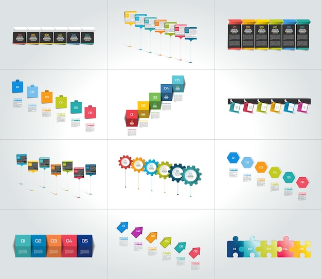 Mega conjunto de apresentações de diagramas de modelos de infográfico de linha do tempo