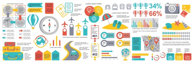 Mega conjunto de elementos de infografia de viagem modelo de design vetorial de visualização de dados Pode ser usado para opções de etapas Diagrama de fluxo de trabalho de processo de negócios Diagrama de fluxo Linha do tempo Gráficos de informações de pacote