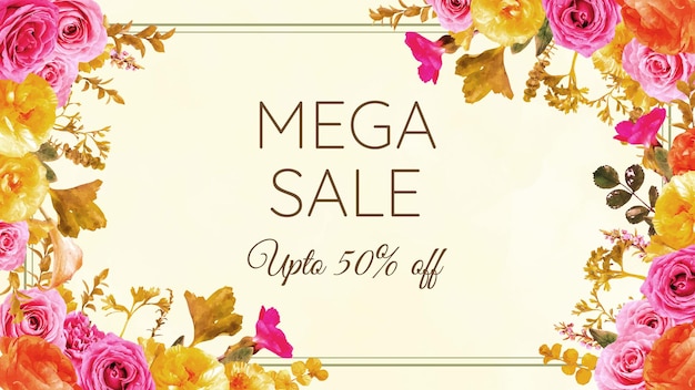 Mega flash sale promocional web banner moldura floral editável em várias cores