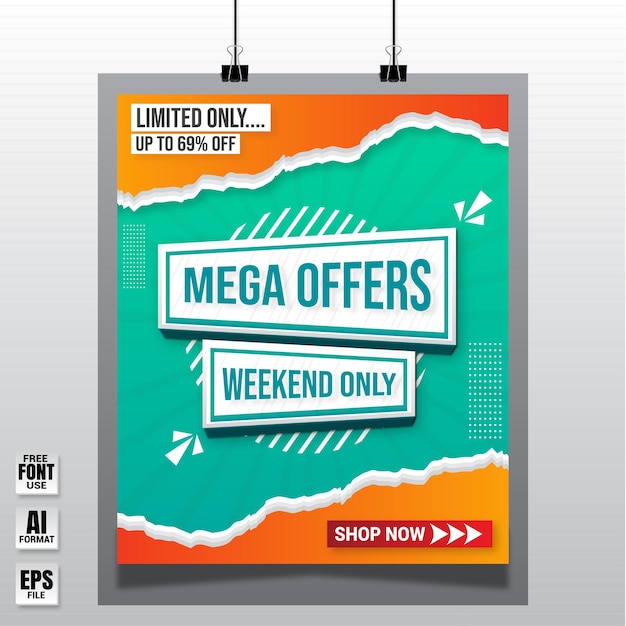 Vetor mega oferece design de modelo de papel de banner de promoção de pôster