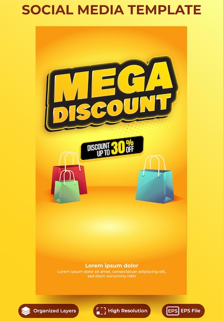 Mega porcentagem de desconto modelo de mídia social cartaz para publicidade e marketing