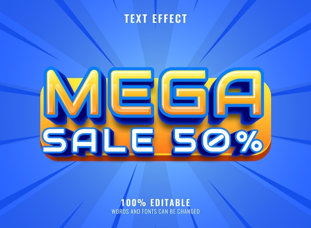 Mega promoção com 50% de desconto no efeito de texto de banner com emblema