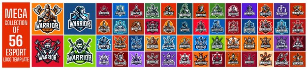 Vetor mega set de 56 logos e mascotes de esports template para equipes e jogadores com emblemas de guerreiros