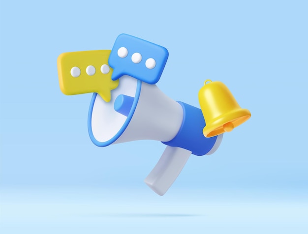 Megafone 3d com balão de fala e alto-falante de notificação de sino para anunciar promoção em mídias sociais e rede ilustração vetorial de renderização 3d